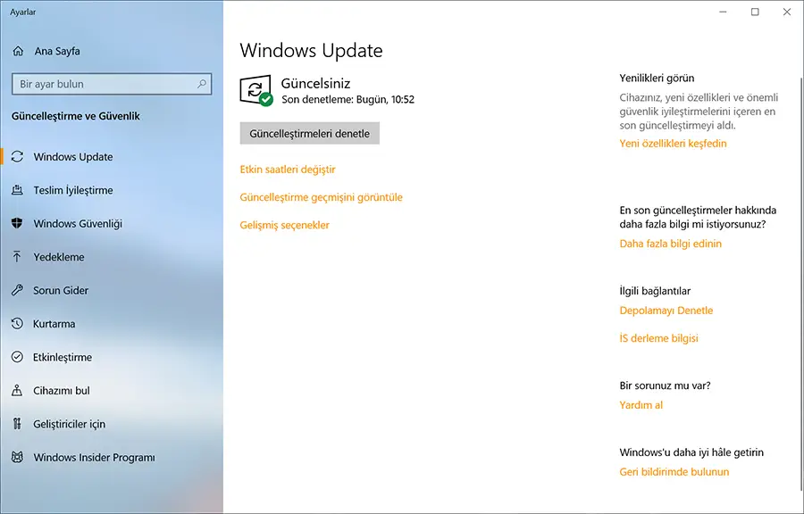 Şu anki Windows Update ekranı