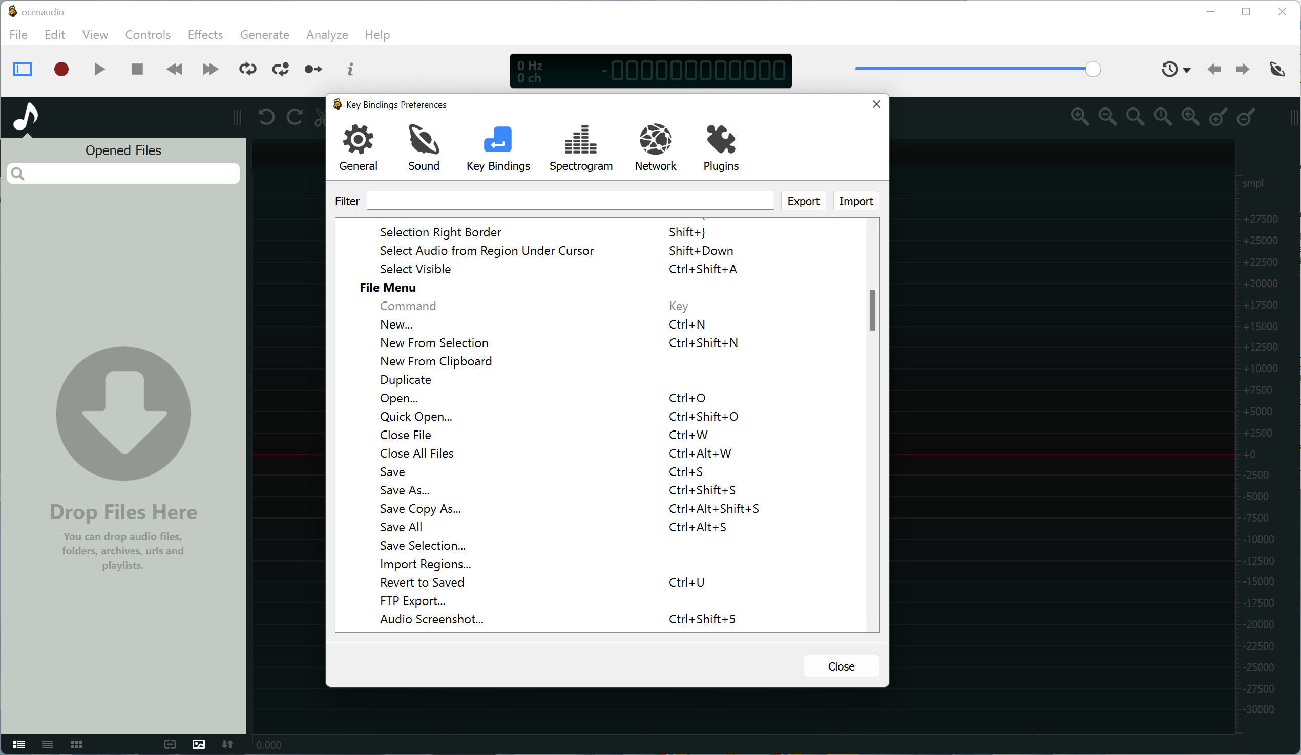 ocenaudio keyboard shortcut silence